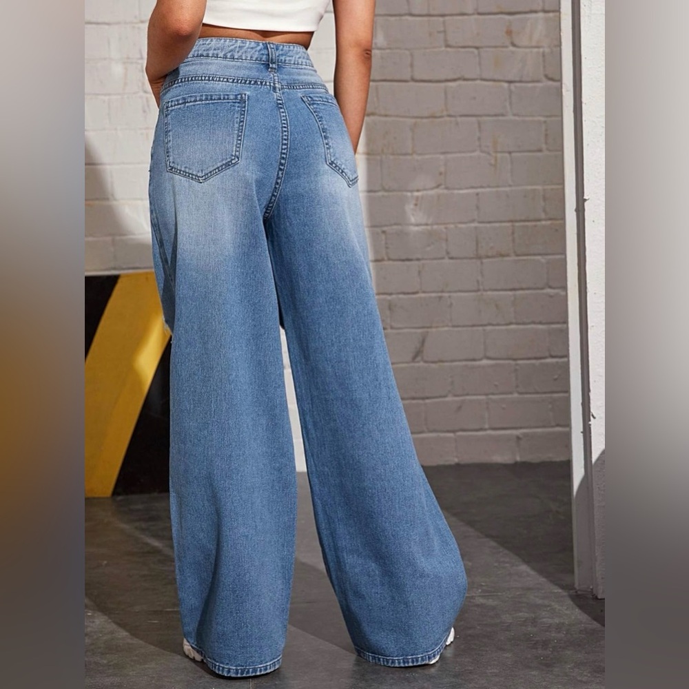 SweatyRocks Distressed Wide Leg Jeans High Rise Ripped Baggy Denim - Picture 2 of 3